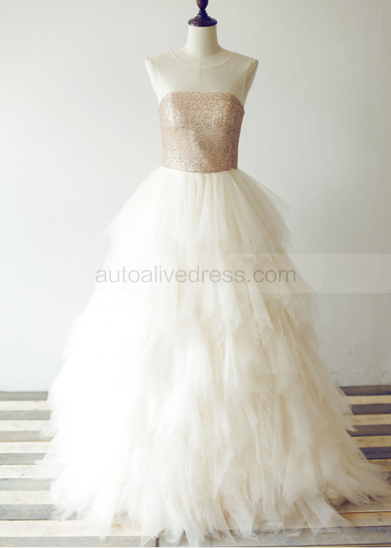 Sheer Neck Champagne Sequin Ruffled Tulle Long Prom Dress
